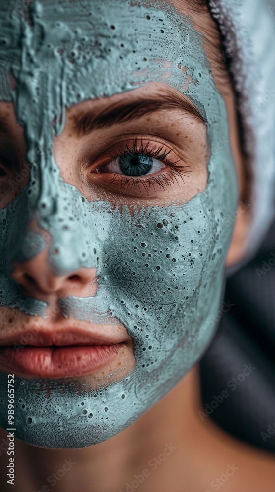 A girl applies a cosmetological natural face mask, face cream A girl applies a cosmetological natural face mask, face cream