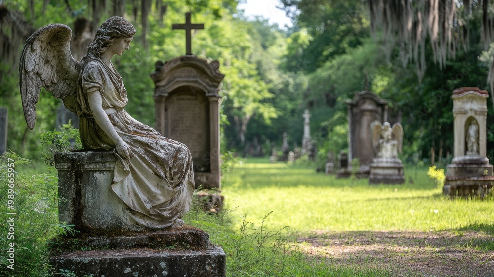 Obraz premium A serene cemetery path lined with angel statues and gravestones, surrounded by lush greenery.