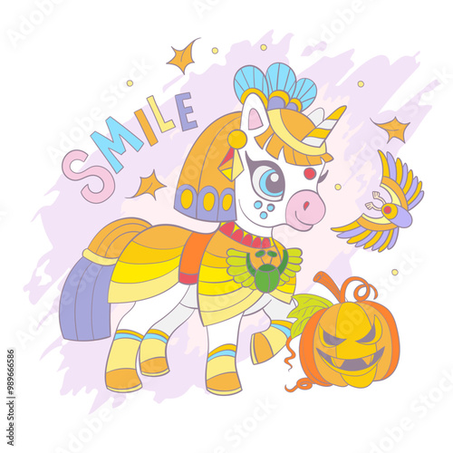 Halloween card with unicorn and pumpkin vector illustration