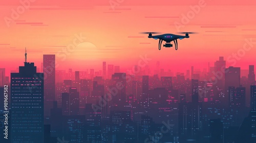 Futuristic Flight Drone in Urban Skyline - Vector Illustration for Digital Entertainment, Surveillance, and Delivery Applications