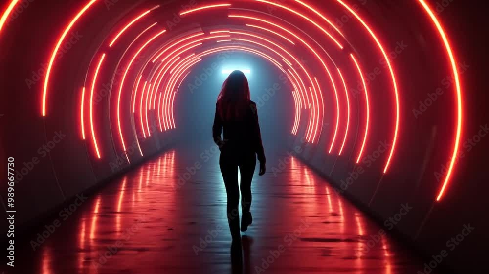 Woman Walking Alone Through a Neon-Lit Tunnel at Night Generative AI Woman Walking Alone Through a Neon-Lit Tunnel at Night Generative AI