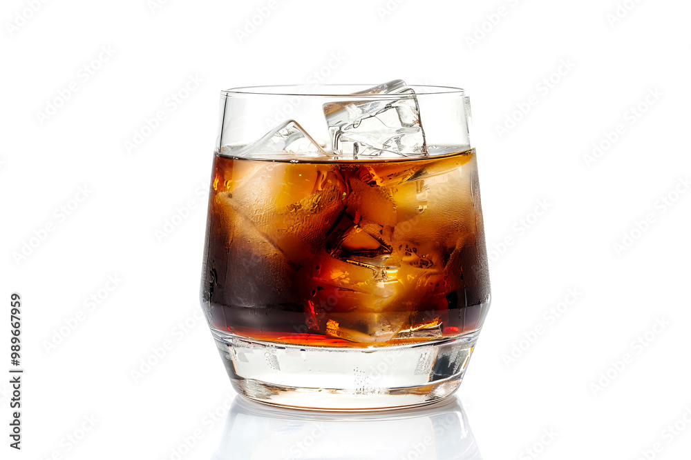 Old fashioned cocktail drink rum or whiskey with cola with lime on white background. Alcoholic drinks.