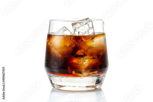 Old fashioned cocktail drink rum or whiskey with cola with lime on white background. Alcoholic drinks.