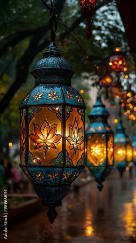 luminous lantern with candlelight and hindu decorations for the celebration of diwali and hanukkah