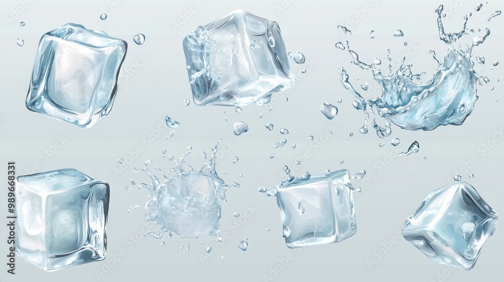 Crystal Clear Ice Cubes Collection with Splashes and Swirl Effects on Transparent Background - Minimal Vector Design Mockup Template Crystal Clear Ice Cubes Collection with Splashes and Swirl Effects on Transparent Background - Minimal Vector Design Mockup Template
