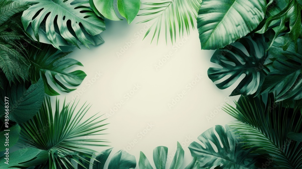 A lush arrangement of tropical leaves framing a blank space for design or text.