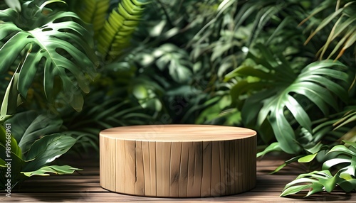 Tropical jungle podium with lush green wood and natural elements, perfect for product display under a summer canopy of leaves and plants.