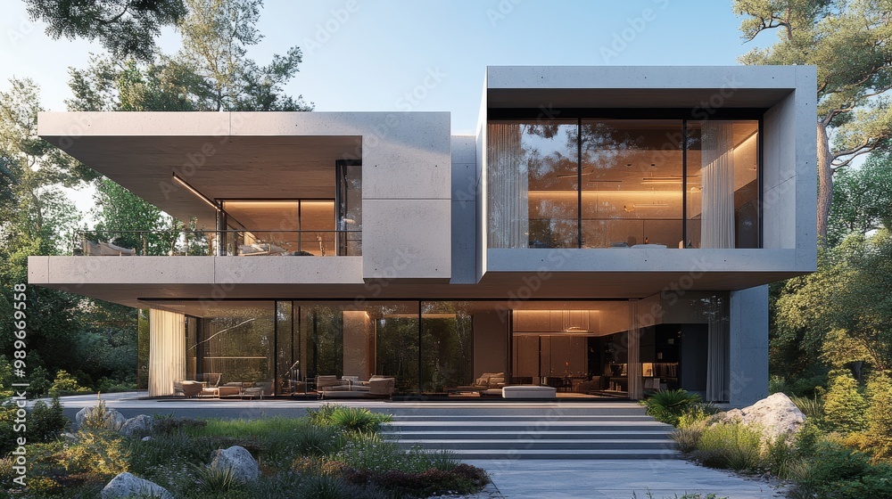 Minimalist cube residence, featuring large corner windows and bold cantilevered balconies, showcasing a fusion of glass and concrete in modern urban design