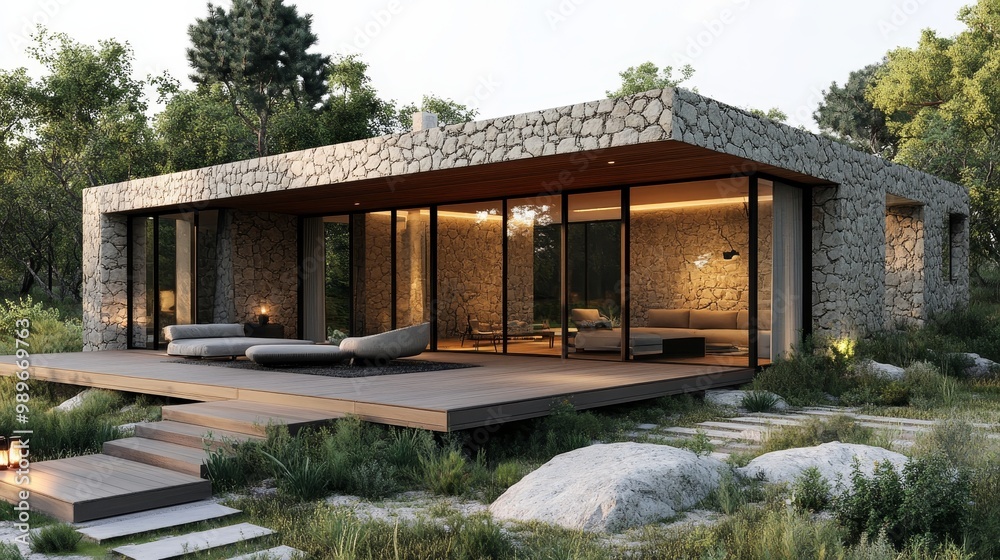 Fototapeta premium Minimalist stone-clad cube house, spacious wooden deck for outdoor parties, seamless integration with landscape, clean modern design