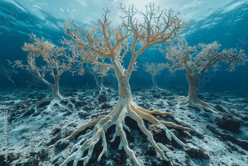 Fototapeta Naklejka Na Ścianę i Meble -  A dead coral reef with bleached skeletons under the ocean. Concept of ocean acidification and global warming.