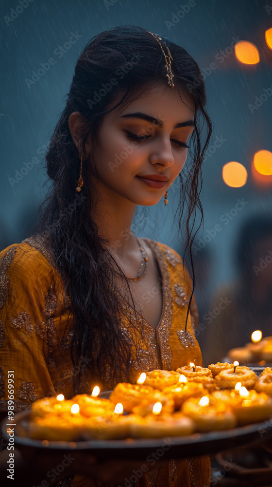 woman holding a candle ornament during the celebrations of diwali and hanukkah, incorporating elements of religion and new year ceremonies in the hindu festival