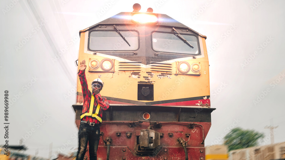 African engineer raises his hand to control train using radio or walkie talkie. Concept of engineer in large transportation system. African engineer raises his hand to control train using radio or walkie talkie. Concept of engineer in large transportation system.