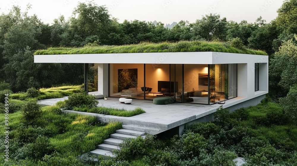 Fototapeta premium Minimalist white cube house with a lush green roof, large glass sliding doors opening onto a modern patio, bathed in soft natural light, Scandinavian, Photorealism, Soft colors