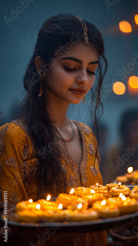 Obraz na płótnie woman holding a candle ornament during the celebrations of diwali and hanukkah, incorporating elements of religion and new year ceremonies in the hindu festival w salonie