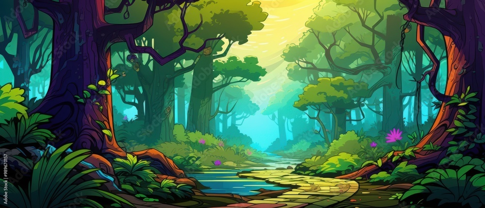 A Sunlit Path Winding Through a Lush, Green Forest