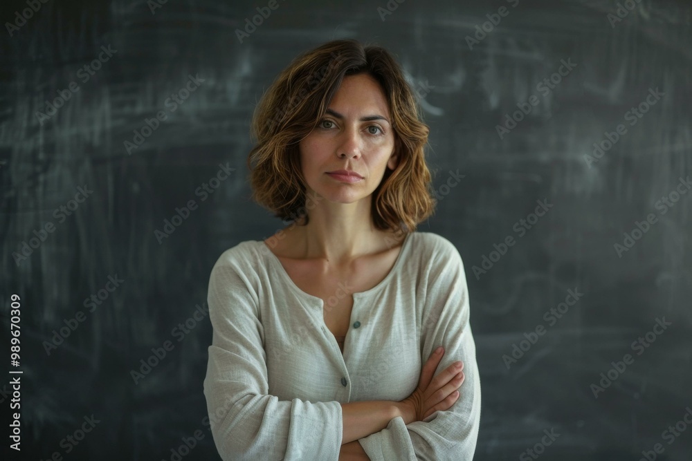 Serious teacher standing in front of a chalkboard with arms crossed in a classroom setting Serious teacher standing in front of a chalkboard with arms crossed in a classroom setting