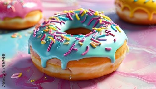 Colorful Pastel Glazed Donuts in Motion, a Tempting Display of Sweet Bakery Treats