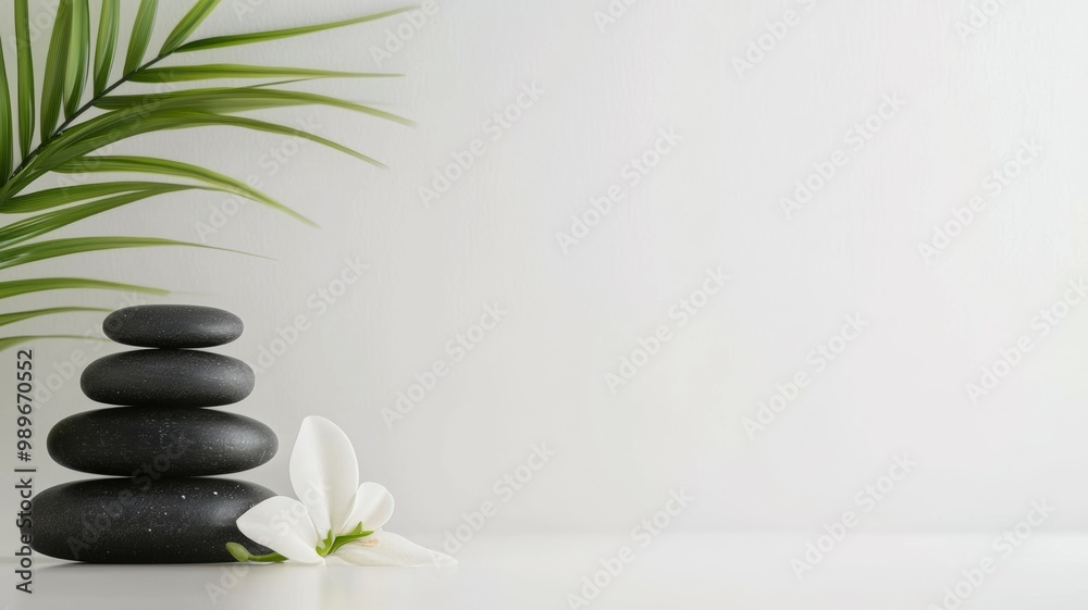 Obraz premium A white background with a bunch of black stones and a white flower