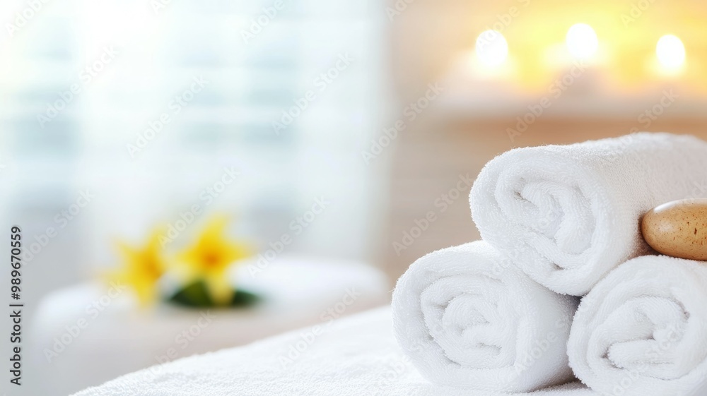 A stack of white towels is on a table next to a vase of yellow flowers A stack of white towels is on a table next to a vase of yellow flowers
