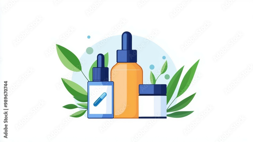 Three bottles of medicine are displayed with green leaves in the background Three bottles of medicine are displayed with green leaves in the background