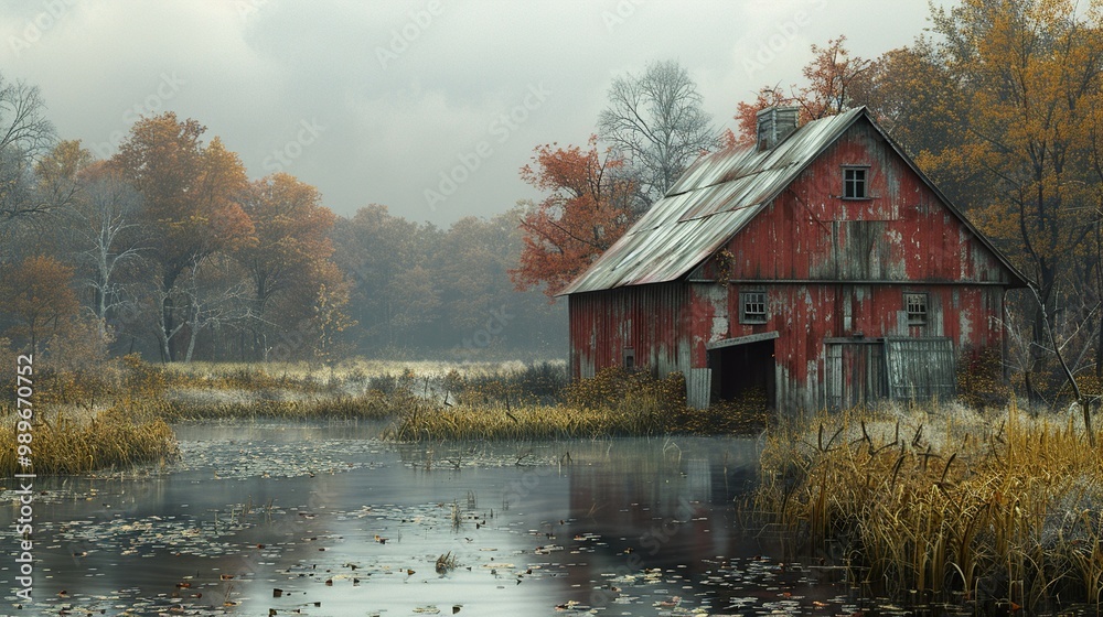 Red Barn by the Pond in Autumn Fog