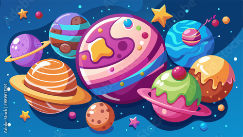 Set of candy and pastry planets isolated on background. Vector cartoon illustration of sweet donut, ice cream, chocolate, pastry balls decorated with jam and color icing. Fantasy world desing elements