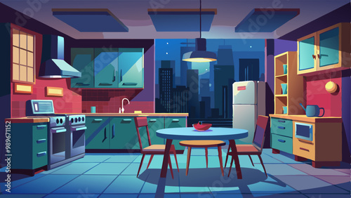 Modern kitchen in urban apartment at night. Vector cartoon illustration of spacious dining room illuminated with lamps, table and chairs, fridge, oven, cooker, evening cityscape view in large window