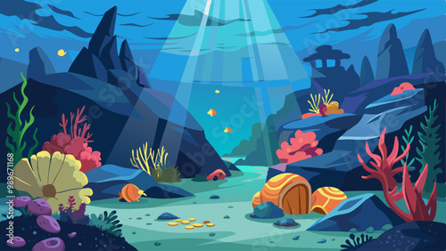Sea deep light underwater surface cartoon vector background. Under water marine world abstract seabed scene. Tropical ocean nature aqua landscape with spotlight ray on coral reef and rock view