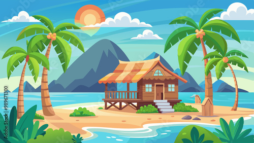 Beach hut or bungalow on tropical beach. Island resort with shack, wooden house on piles, palm trees and rocks. Cartoon ocean landscape, 2d background, cottage with thatch roof Vector illustration