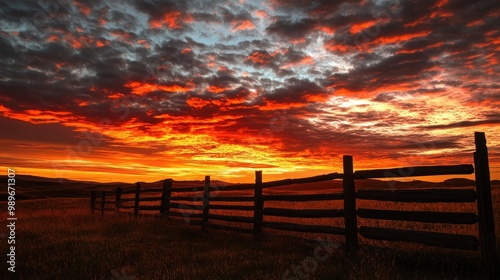 A dramatic shot of a fence silhouetted against a fiery sunset, with clouds reflecting vibrant colors, creating a captivating and emotional scene.