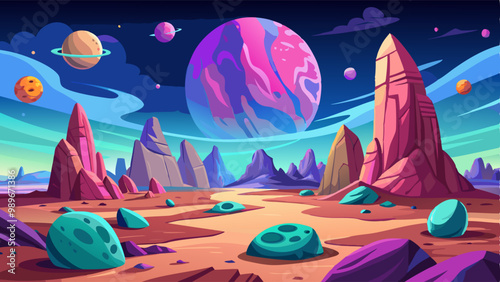 Alien planet desert with rocky stones. Vector cartoon illustration of fantasy space landscape in pink and blue color, cosmic dust particles flying in air. Cosmos exploration, adventure game background