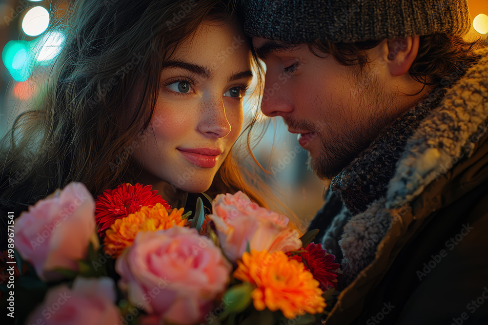 A person giving a bouquet of flowers to a loved one, their faces lighting up with happiness and love.