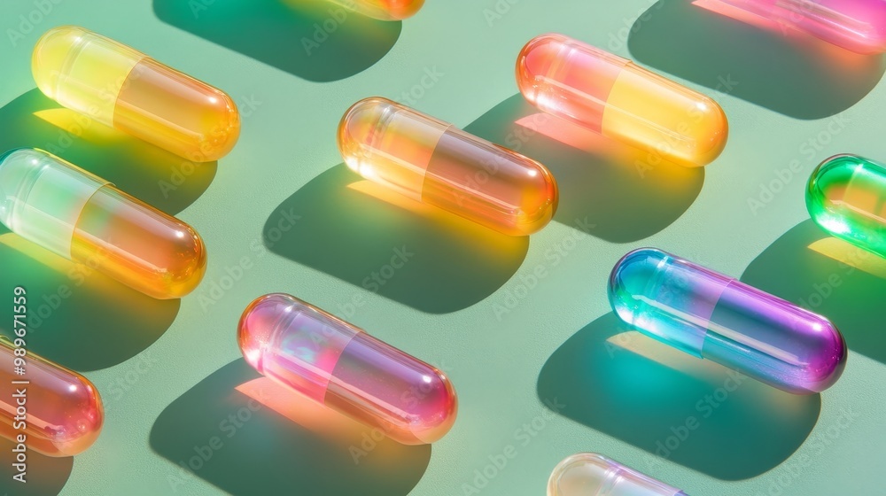 A minimalist display of iridescent capsules on a matte green background, glowing with rainbow colors, soft light reflecting, creating a serene and magical atmosphere A minimalist display of iridescent capsules on a matte green background, glowing with rainbow colors, soft light reflecting, creating a serene and magical atmosphere
