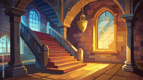 Old medieval wooden room empty interior with stairs and column. Sunlight from window with magic sparkle inside castle tower panorama. Mystery fairytale indoor location with staircase horizontal design