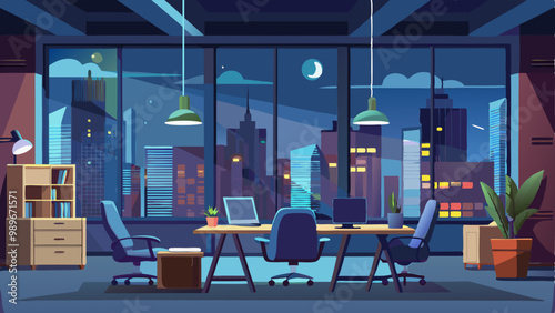 Company office interior at night. Vector cartoon illustration of dark room with large windows, laptops and folders on desks, chairs, lamps. Cityscape buildings, starry sky view. Business workspace