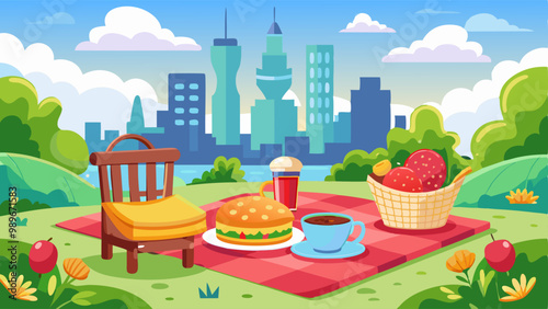 Picnic setup with food on red blanket and in wicker basket at city park over skyline of multistory buildings and clouds. Snacks and hamburger, cup of coffee and fruits on mat, lounge chair with hat.