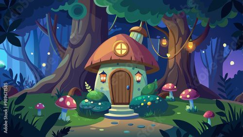 Gnome mushroom house in night forest. Vector cartoon illustration of fairytale woodland with small dwarf hut, neon light glowing in round wooden window and door, fireflies shimmering in darkness