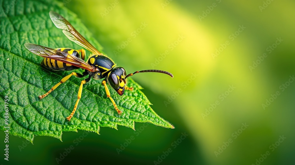 Fototapeta premium close-up macro of wasp on green leaf