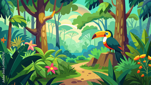 Tropical jungle forest with toucan on tree cartoon background. Bird on branch in wildlife exotic nature landscape. Adventure in wild amazon rainforest park with liana and bush illustration design.