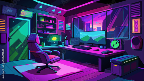 Night gamer room with neon screen and computer vector background. Video game stream office with light and purple interior illustration. Living lounge with console, joystick and playing setup.