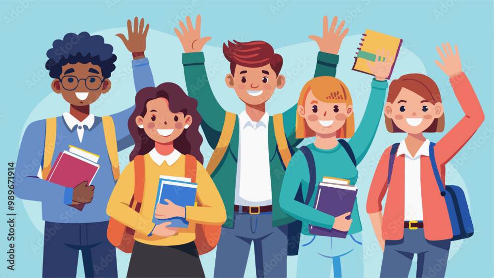 Diverse students with books in school, college or university. Multiracial pupils teen girls and boys with bags and textbooks waving hands, chatting. Classmates study Line art flat vector illustration Diverse students with books in school, college or university. Multiracial pupils teen girls and boys with bags and textbooks waving hands, chatting. Classmates study Line art flat vector illustration