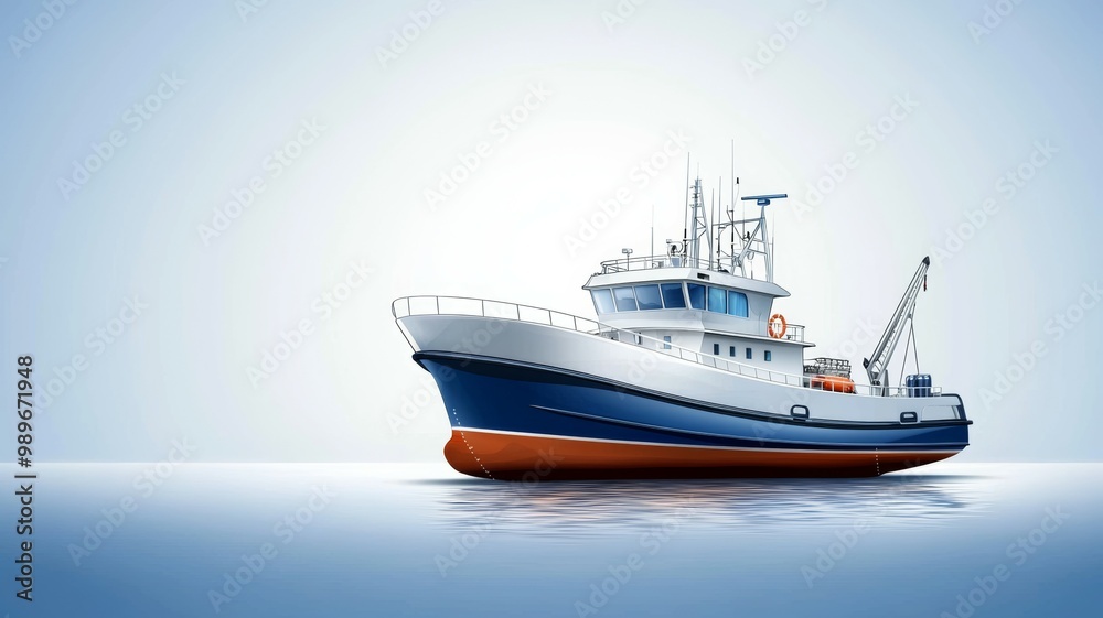 Fototapeta premium A large white and blue boat is on the water
