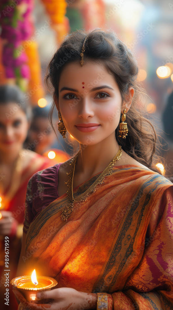 woman holding a candle ornament during the celebrations of diwali and hanukkah, incorporating elements of religion and new year ceremonies in the hindu festival
