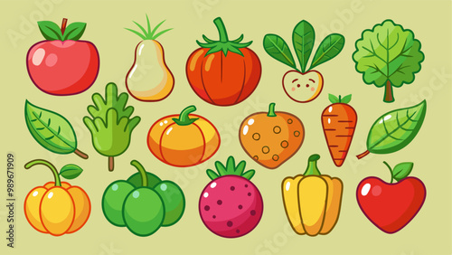 Vegetables and fruit icons. Game items of strawberry, carrot, potato, tomato, apple and egg. Vector cartoon set of farm food symbols, pumpkin, corn, ginger, spinach and peas isolated on background