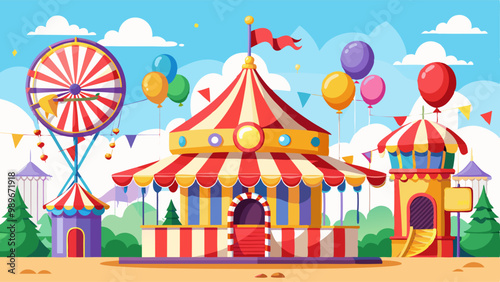 Amusement carnival park with circus tent, merry-go-round carousel and candy cotton booth, balloons and tickets kiosk. Festive fair and recreation entertainment attractions Cartoon vector illustration