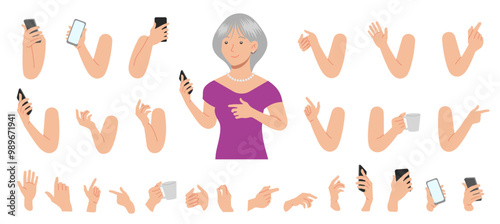 Woman character builder +60, business grandmother for animation. Body parts, postures, poses collection. Vector illustration.