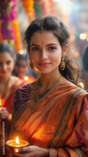 Obraz na płótnie woman holding a candle ornament during the celebrations of diwali and hanukkah, incorporating elements of religion and new year ceremonies in the hindu festival w salonie