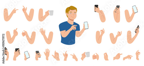 Businessman character builder for animation. Body parts, postures, poses collection. Vector illustration.