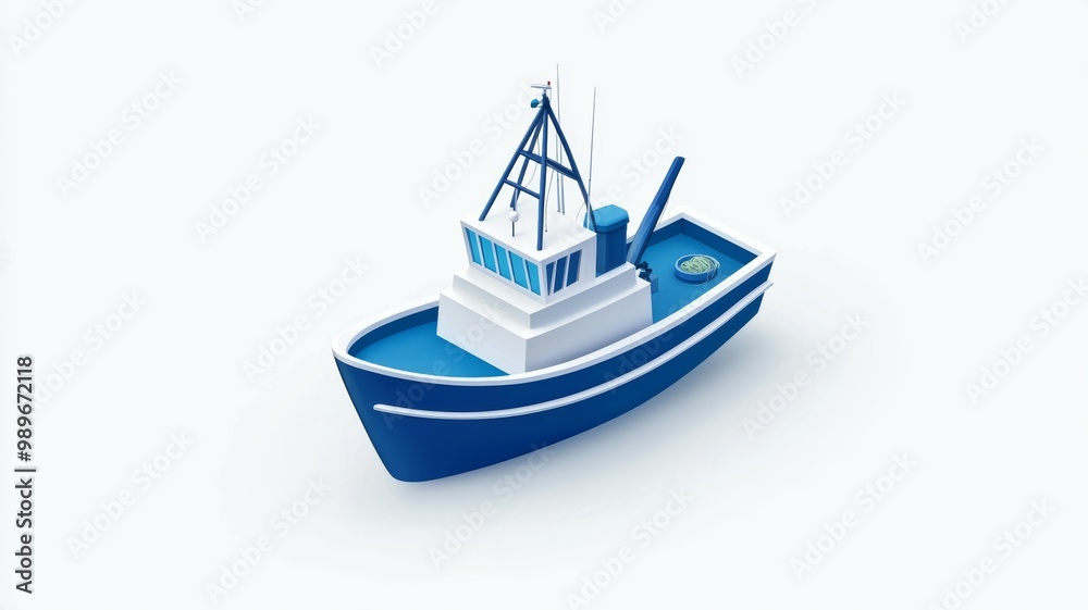 Naklejka premium A blue boat with a white top is shown on a white background