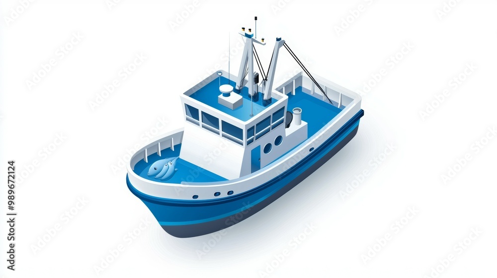 A blue boat with a white top is on a white background A blue boat with a white top is on a white background